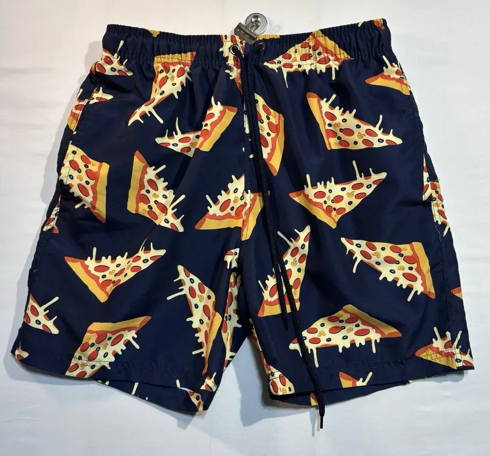 U.S. Surf Club Pizza Print Swim Trunks Mens Small Blue Mesh Lined Beach Shorts